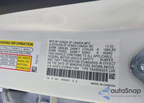 2024 Honda Civic Si Sedan из США, поврежденный, VIN 2HGFE1E52RH471454